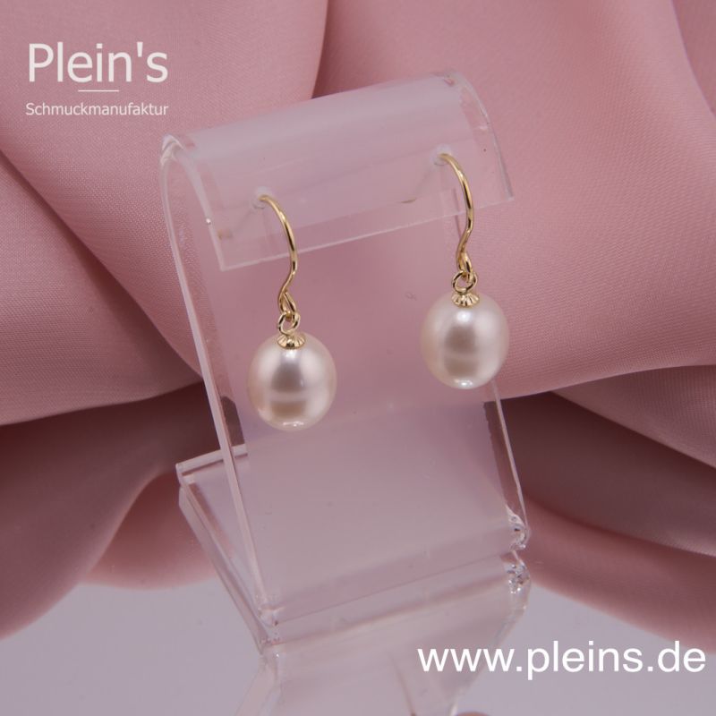 Perlen Ohrhänger, Gelbgold, große, weiße Perlen